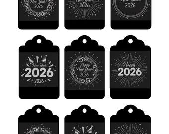 Printable 2026 New Year Gift Tags, Modern Black and Silver Holiday Labels, Digital Download New Year Party Favors