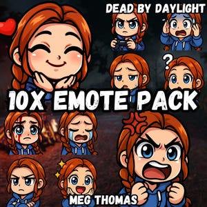 Puede incluir: Un paquete digital de 10 emotes que presenta a un personaje con cabello rojo en varias expresiones emocionales. El personaje lleva una sudadera con capucha azul. El texto en la imagen dice "DEAD BY DAYLIGHT", "10X EMOTE PACK" y "MEG THOMAS".