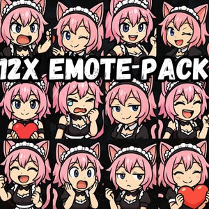 Maid Catgirl Emotes | 12x Chibi Twitch & Discord Emoji Pack | Pink Anime Neko Emotes | Kawaii Streamer Assets | Cute VTuber Reactions