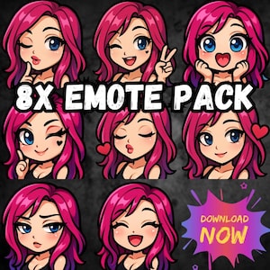 Puede incluir: Un paquete de 8 emoticonos que presenta a una mujer de dibujos animados con cabello rosado y ojos azules, mostrando varias expresiones. Las expresiones incluyen guiñar un ojo, lanzar un beso y sonreír. También se ve el texto "DESCARGAR AHORA".