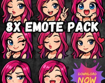 Emotes Chibi de pelo rosa / Pack de 8 E-Girls para Twitch y Discord (Descarga digital)