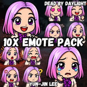 Pode incluir: Um pacote de arte digital com dez emotes exclusivos de Yun-Jin Lee de Dead by Daylight. Cada emote mostra uma expressão diferente, incluindo alegria, raiva e tristeza. A personagem tem cabelo rosa e usa um laço roxo e um casaco com acabamento em pele branca. O texto diz "10X EMOTE PACK" e "YUN-JIN LEE".