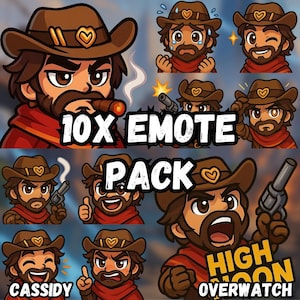 May include: A collection of 10 digital emotes featuring a cowboy character with a brown hat, beard, and red scarf. The emotes display various expressions and actions, including crying, winking, and holding a gun. Text includes "10X EMOTE PACK", "CASSIDY", and "HIGH NOON OVERWATCH".