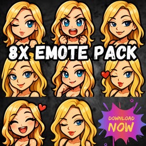 Peut inclure: Graphique d'un pack de 8 émoticônes, présentant huit images de dessins animés d'une femme blonde aux yeux bleus, chacune avec une expression différente. Le texte "8X EMOTE PACK" est affiché, ainsi qu'un graphique "DOWNLOAD NOW".