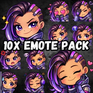 Puede incluir: Un paquete de 10 emotes digitales que presentan un personaje con cabello morado y negro, en varias expresiones. Los emotes incluyen corazones, guiños y otras emociones. El texto "10X EMOTE PACK" se muestra en blanco.