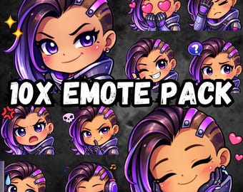 Overwatch Sombra Chibi Emote Pack - Hacker-Style Reactions for Streamers - Twitch & Gaming Discord Communities - 10x PNG Set