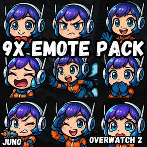 Puede incluir: Una colección de nueve emoticonos de dibujos animados con un personaje de pelo morado, ojos azules y auriculares. El personaje lleva un uniforme naranja y azul. El texto de la imagen dice "9X EMOTE PACK", "JUNO" y "OVERWATCH 2".