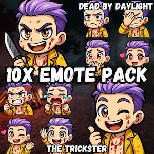 Könnte beinhalten: Ein digitales Kunstpaket mit 10 Emotes eines Charakters mit lila Haaren und einer gelben Jacke. Die Emotes zeigen verschiedene Emotionen, darunter Wut, Traurigkeit und Liebe. Der Text "10X EMOTE PACK" und "THE TRICKSTER" sind ebenfalls sichtbar.