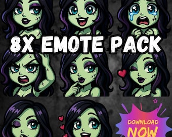 Zombie Goth Girl Twitch Emotes: Chibi Horror Stream Pack (PNG Digital Download