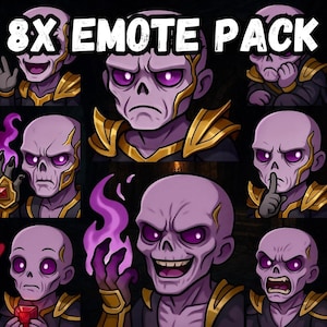 May include: An 8-piece emote pack featuring a purple-skinned character with glowing purple eyes and various expressions. The character wears gold armour and a black tunic. Text at the top reads "8X EMOTE PACK".