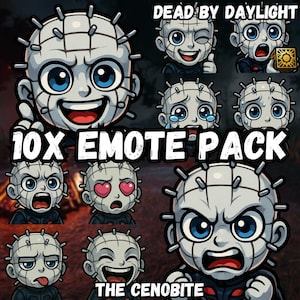 Könnte beinhalten: Ein Paket mit 10 digitalen Emotes mit The Cenobite aus Dead by Daylight. Die Emotes zeigen verschiedene Ausdrücke, darunter Zwinkern, Weinen und Lächeln. Der Text "10X EMOTE PACK" und "THE CENOBITE" ist in Weiß dargestellt.