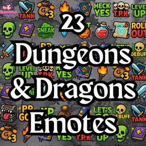 May include: A digital graphic featuring various fantasy-themed icons and the text "23 Dungeons & Dragons Emotes." The icons include swords, shields, skulls, potions, and spell books, all set against a map-like background.