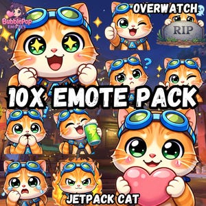 以下が含まれることがあります： ゴーグルと青とオレンジの衣装を着た、漫画のオレンジ色のトラ猫をフィーチャーした10個のデジタル絵文字のコレクション。絵文字は、幸せ、悲しみ、驚きなど、さまざまな表情を表示します。「OVERWATCH」、「10X EMOTE PACK」、「JETPACK CAT」というテキストが含まれています。
