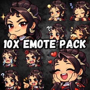 May include: A collection of ten cartoon emotes featuring a character with dark hair, red eyes, and various expressions. The emotes include a smiling face, a thinking face, a sleeping face, and others. The text "10X EMOTE PACK" is displayed.