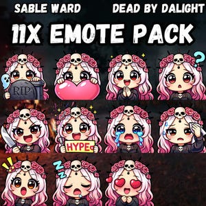 May include: A collection of 11 digital emotes featuring a character with pink hair, a skull crown, and various expressions. The emotes include a heart, a knife, tears, and a sign that says "HYPE". The text "SABLE WARD DEAD BY DALIGHT 11X EMOTE PACK" is at the top.