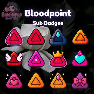 May include: A collection of colorful Bloodpoint Sub Badges, each in a triangular shape. The badges feature various designs, including wings, crowns, hearts, and bows. The text "Bloodpoint Sub Badges" is displayed above the badges.