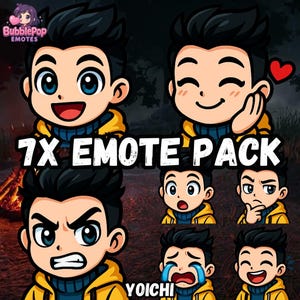 Könnte beinhalten: Ein digitales Kunstpaket mit sieben Emotes eines Cartoon-Charakters mit schwarzen Haaren, blauen Augen und einer gelben Jacke. Die Emotes zeigen verschiedene Ausdrücke, darunter Freude, Wut und Traurigkeit. Der Text "7X EMOTE PACK" ist deutlich sichtbar.