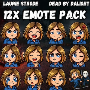 May include: A graphic featuring 12 cartoon emotes of a character with blonde hair and blue eyes, wearing a blue shirt. The emotes display various expressions, including anger, joy, and sadness. Text at the top reads "LAURIE STRODE" and "DEAD BY DAYLIGHT". The words "12X EMOTE PACK" are also displayed.