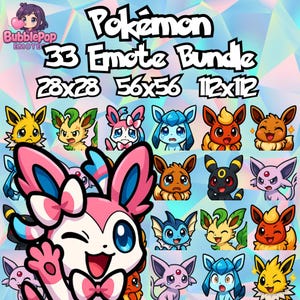 Può includere: Un pacchetto di arte digitale con 33 emote di Pokémon. L'immagine include vari personaggi dei cartoni animati colorati con diverse espressioni, insieme al testo "Pokémon 33 Emote Bundle" e dimensioni.