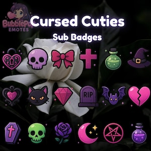 Könnte beinhalten: Eine Sammlung von "Cursed Cuties"-Sub-Badges mit verschiedenen Gothic- und gruseligen Themen. Die Badges zeigen einen Totenkopf, eine Schleife, ein Kreuz, eine Zaubertrankflasche, einen Hexenhut, ein Herz, eine Katze, einen Diamanten, einen Grabstein, eine Fledermaus, einen Sarg, eine Rose, einen Mond und ein Pentagramm.