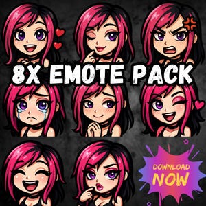 Pink Hair Chibi Emotes: Kawaii Streamer Graphics (Digital Download, 8x PNG Pack)