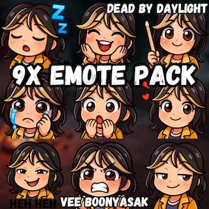 May include: A digital graphic showing nine cartoon emotes of a character with black hair and blonde highlights, wearing a yellow jacket. The text "9X EMOTE PACK" is displayed, with "DEAD BY DAYLIGHT" at the top and phrases at the bottom.