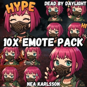 Puede incluir: Un paquete de arte digital con un personaje de pelo rosa y una máscara, con el texto "HYPE" y "10X EMOTE PACK". El personaje es de "DEAD BY DAYLIGHT" y se llama "NEA KARLSSON". El paquete incluye varios emotes.