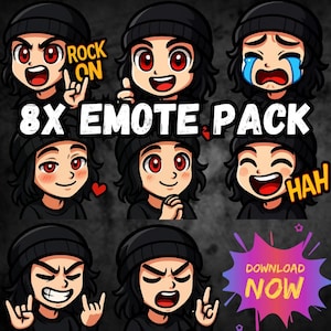 May include: An 8x Emote Pack graphic featuring cartoon avatars with various expressions. The avatars have black hair, red eyes, and wear black beanies. The expressions include joy, sadness, and anger. Text includes "Rock On", "Hah", and "Download Now".