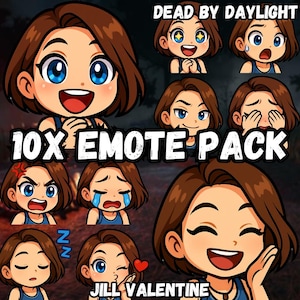 Puede incluir: Un paquete de arte digital con 10 emotes de Jill Valentine de Dead by Daylight. Los emotes muestran varias expresiones, incluyendo alegría, ira y tristeza. El texto "10X EMOTE PACK" y "JILL VALENTINE" también es visible.