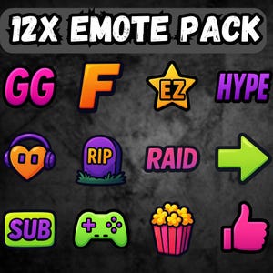 May include: A collection of 12 colorful emotes, including "GG", "F", a star with "EZ", and "HYPE". Other emotes include a heart with headphones, a tombstone, "RAID", an arrow, "SUB", a gamepad, popcorn, and a thumbs up.