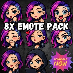 May include: An 8x Emote Pack featuring cartoon illustrations of a woman with purple and pink hair, in various poses and expressions. The text "8X EMOTE PACK" is displayed prominently. A "Download Now" graphic is also included.