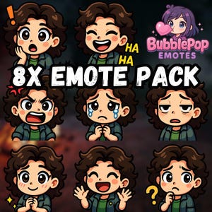 Puede incluir: Un paquete de 8 emoticonos con avatares de dibujos animados con diversas expresiones. Los avatares tienen cabello castaño rizado, visten una camisa verde y una chaqueta azul. Las expresiones incluyen sorpresa, risa, enfado, tristeza y confusión. También se ve el logotipo de BubblePop Emotes.