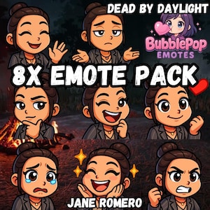 Może przedstawiać: Pakiet 8 emotikonów z Jane Romero z Dead by Daylight. Obraz przedstawia różne kreskówkowe wyrazy twarzy Jane, w tym szczęśliwą, smutną i złą. Widoczne jest logo BubblePop Emotes wraz z tytułem gry.