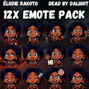 Peut inclure: Une collection de 12 émoticônes de dessins animés représentant un personnage aux cheveux bouclés foncés, des créoles dorées et un haut rayé orange et noir. Les émoticônes affichent diverses expressions, notamment la joie, la tristesse et la colère. Le texte en haut indique "ÉLODIE RAKOTO" et "DEAD BY DAYLIGHT".