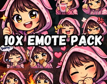 Pink Bunny Feng Emote Pack | Dead by Daylight Twitch Emotes | Cute Chibi Gamer Emotes | 10 PNG Streamer Emotes