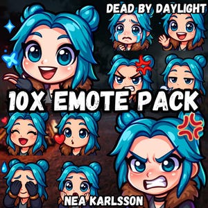 Puede incluir: Un paquete de arte digital con 10 emoticonos de un personaje con pelo y ojos azules. Los emoticonos muestran diversas expresiones, como alegría, enfado y tristeza. El texto "10X EMOTE PACK" y "DEAD BY DAYLIGHT" son visibles.