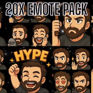 Pode incluir: Um conjunto de 20 emotes de desenho animado com um homem barbudo com várias expressões. Os emotes incluem um coração, uma lápide e a palavra "HYPE". O texto "20X EMOTE PACK" está no topo.