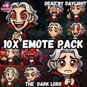 Puede incluir: Un paquete de 10 emotes digitales con un personaje de dibujos animados con cabello gris, ojos rojos y un atuendo negro y rojo. Los emotes muestran varias expresiones, con texto que dice "DEAD BY DAYLIGHT" y "10X EMOTE PACK". El personaje está etiquetado como "THE DARK LORD".