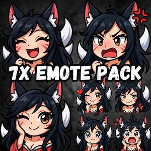 Peut inclure: Un pack de sept emotes de style anime représentant un personnage aux cheveux noirs et aux oreilles de renard, avec diverses expressions. Les emotes incluent des visages heureux, en colère, clignant de l'œil et tristes. Le texte "7x EMOTE PACK" est affiché en blanc.