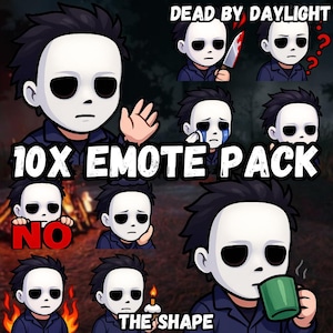 May include: A collection of 10 cartoon emotes featuring a character with a white mask and dark hair, from the game "Dead by Daylight." The emotes display various expressions, including holding a knife, crying, and drinking from a green mug. Text includes "10X EMOTE PACK" and "THE SHAPE."