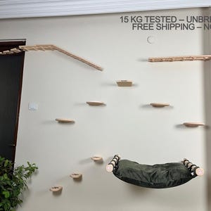Beige & Green Cat Wall Playground Set – Floating Cat Steps, Hammock.  -Bridge | Modular Infinite Cat Climbing Wall