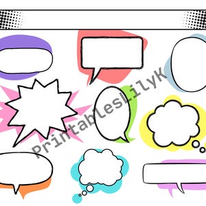 May include: A collection of comic book speech bubbles in various shapes and colors, including purple, red, blue, orange, and yellow. Each bubble has a white interior and a black outline, perfect for adding text to your comic creations.