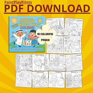 Livre de coloriage Autour du monde pour enfants | 16 pages culturelles imprimables | Voyage aventure | En savoir plus sur les pays| Activité de géographie amusante PDF