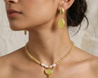 Yellow Calcite Pearl Choker Necklace Earrings Set, Gold Plated Mediterranean Jewelry