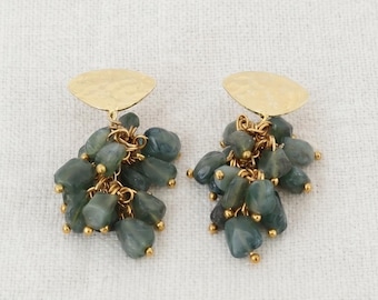 Handmade Teal Kyanite Cluster Earrings, Hammered Gold Post Dangle Statement Jewelry
