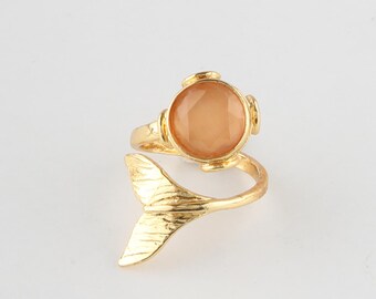 Peach Cat Eye Stone Gold Plated Adjustable Leaf Ring