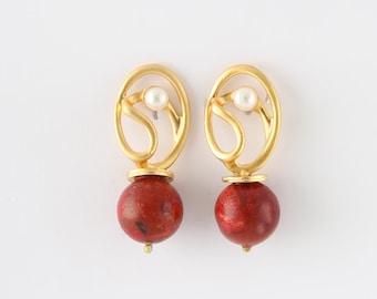 Red Jasper Gemstone with Pearl Accent Gold Plated Stud Earrings