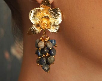 Gold Orchid Flower with Lapis Lazuli Gemstone Earrings