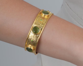 Gold Hammered Cuff Bracelet, Natural Blue Green Gemstone Statement Bangle