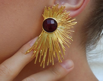 Gold Sunburst Earrings: Ruby or Emerald Gemstone